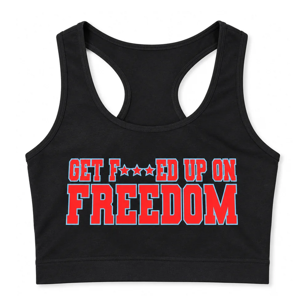 Get F***ed Up On Freedom crop top, black with red lettering