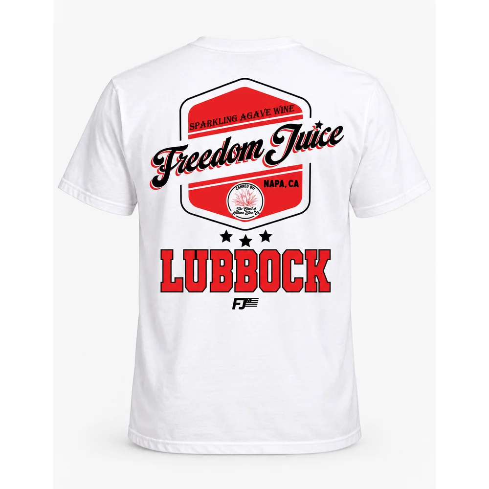 Freedom Juice Lubbock City Series tee, white, back print, back
