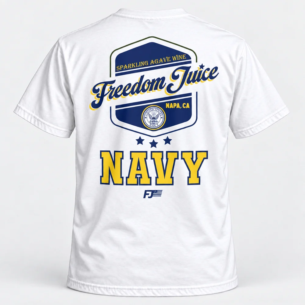 Freedom Juice Navy tee, white, back