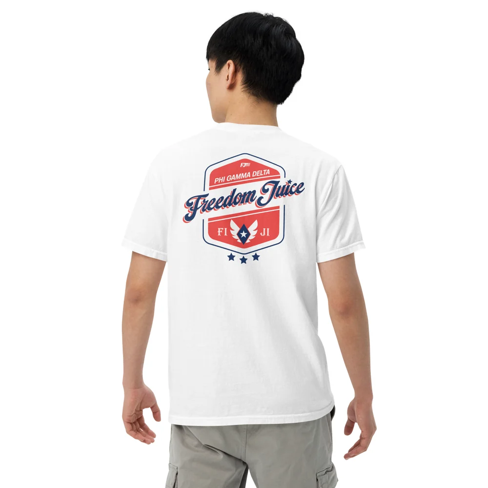 Freedom Juice Phi Gamma Delta FIJI chapter tee, white, back print