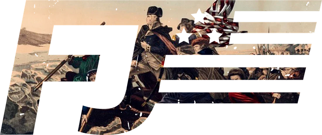 The Freedom Juice FJ flag mark filled with Washington Crossing the Delaware